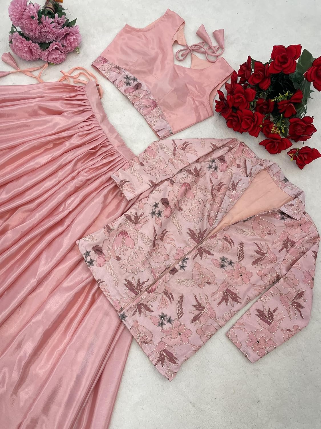 Trendy Pink Chinon Ready-To-Wear Lehenga Set With Floral Work