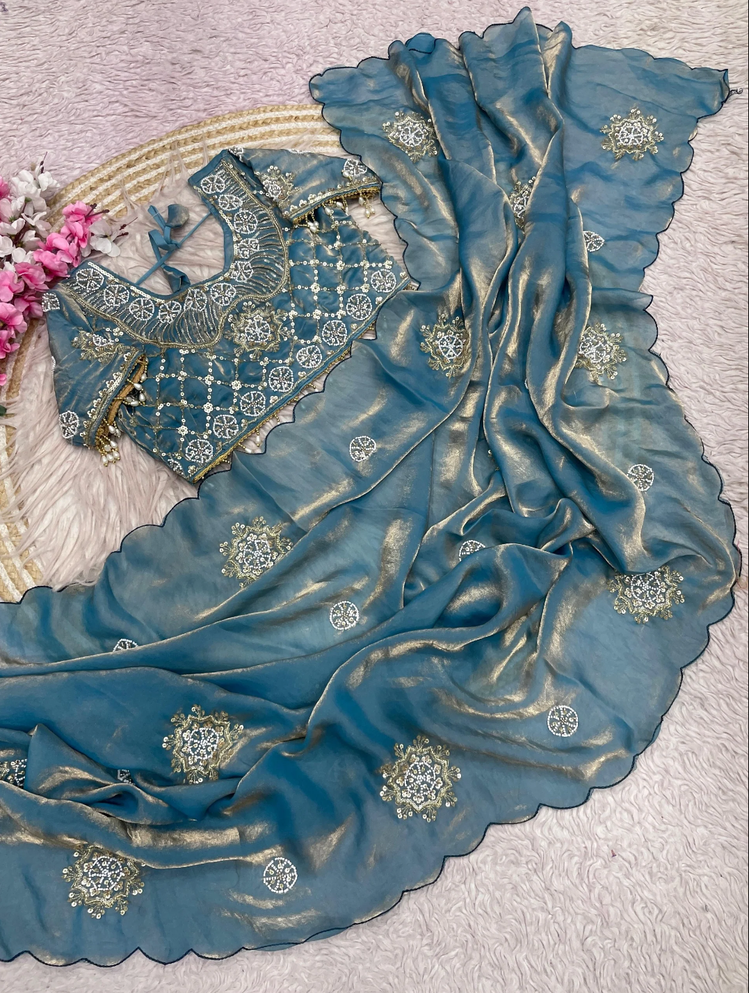 Fabulous Teal Blue Fendy Satin Saree With Buttis Work