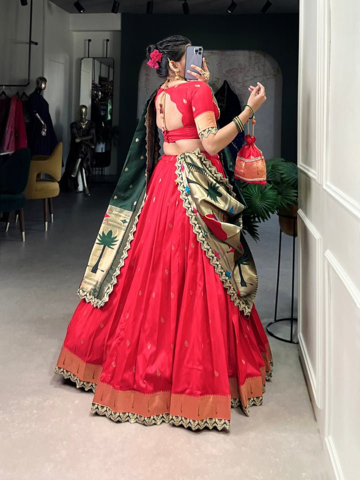 Latest Red Jacquard Silk Paithani Lehenga Choli With Sequins Work