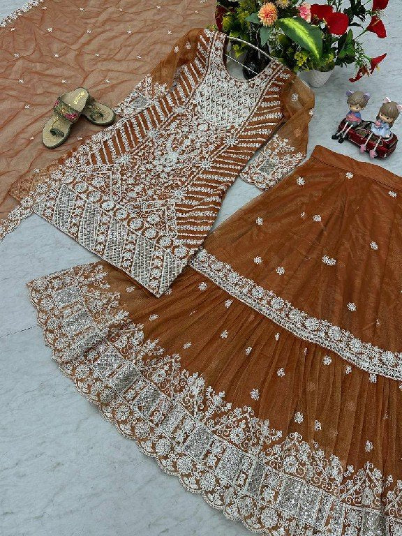Rust Orange Lily Net Farshi Sharara & Dupatta Suit