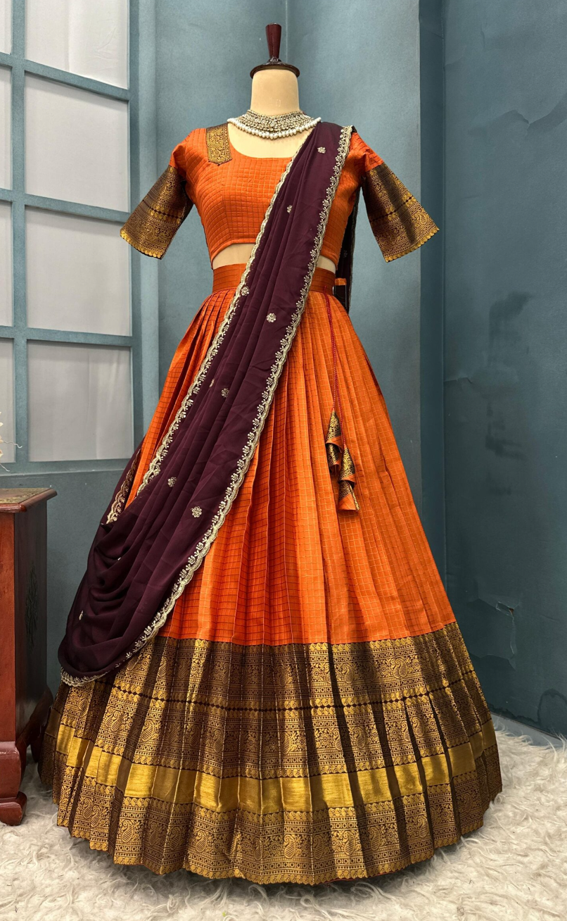 Elegant Gadwal Style Rust Orange Silk Lehenga Choli