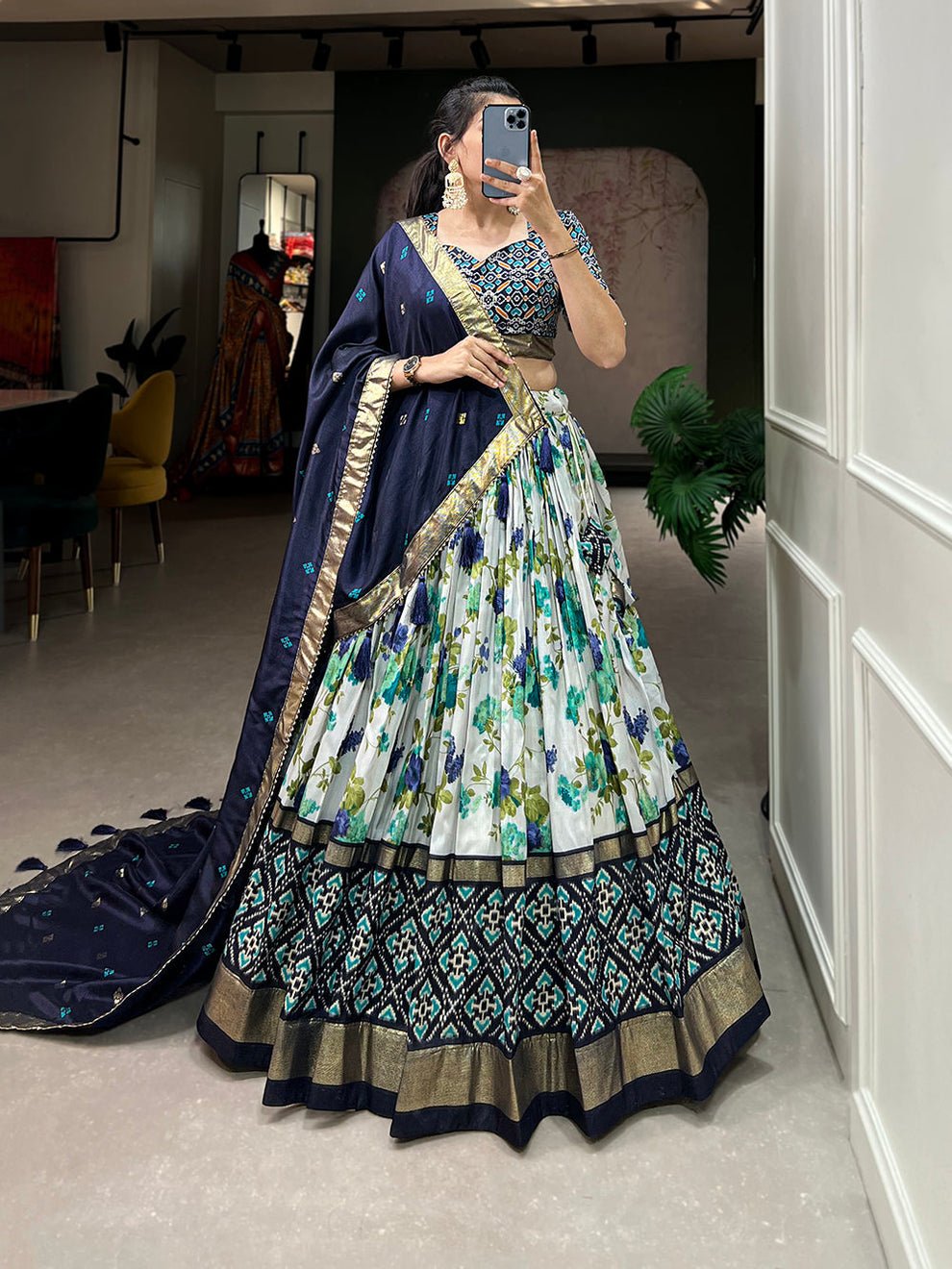 Elegant Navy Blue Tussar Silk Lehenga With Patola Print