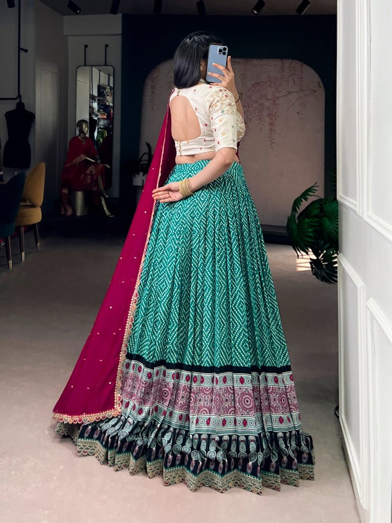 Latest Bandhej & Ajrakh Printed Lehenga With Sequins Work