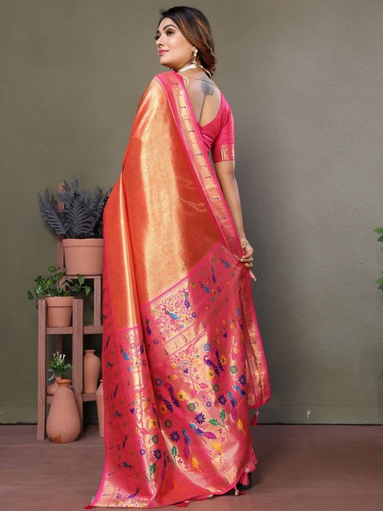 Peach Orange Pure Banarasi Tissue Silk Saree With Butti Weave