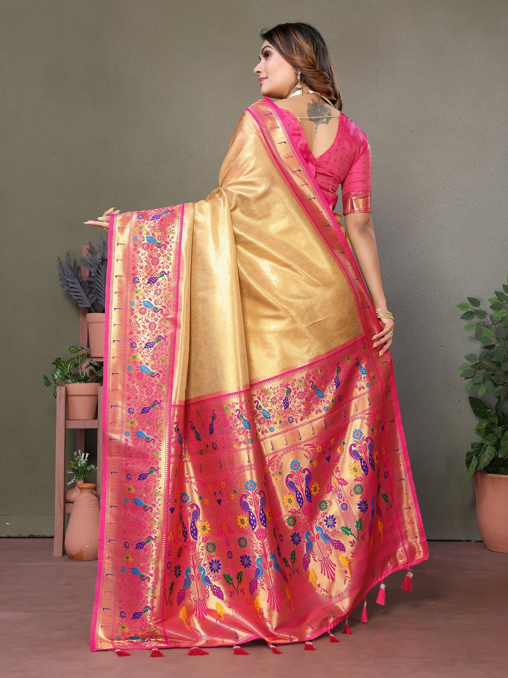 Gold Pure Banarasi Tissue Silk Saree With Butties Work