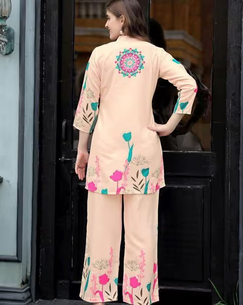 Cream Rayon Co-Ord Set With Floral Print