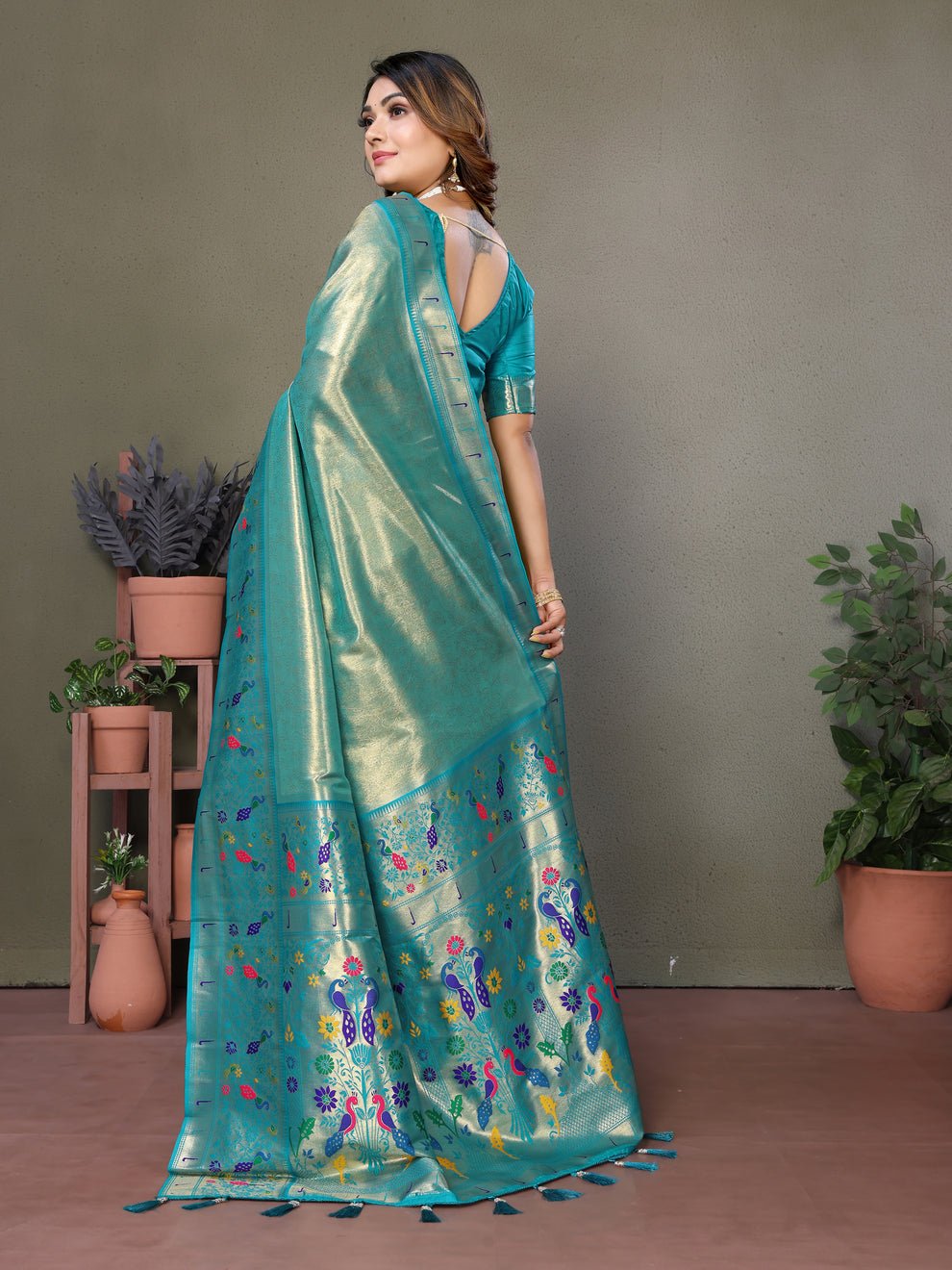 Rama Blue Pure Banarasi Tissue Silk Saree With Weaving Butties