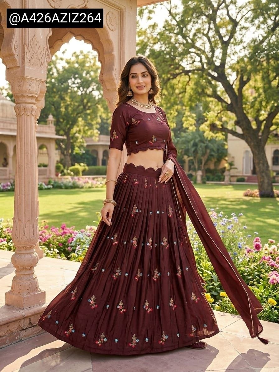 Chocolate Brown Rangoli Silk Embroidery Work Fully Stitched Lehenga Choli Set