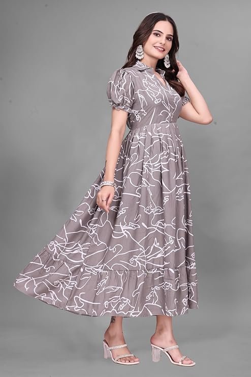 Classy Long Gown With Puffy Sleeves & Printed Work