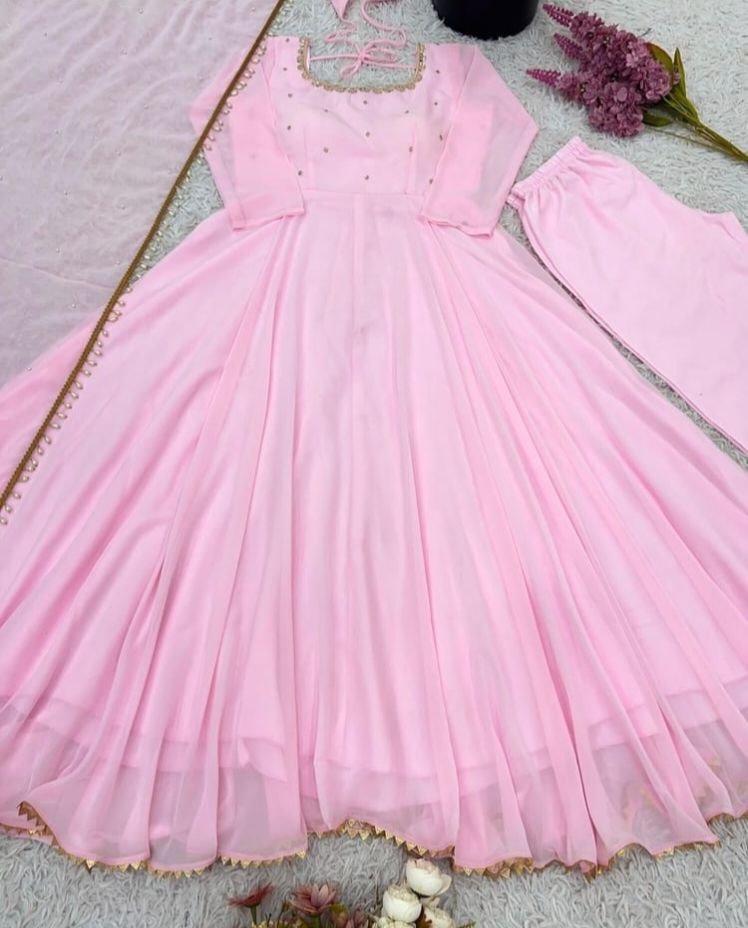 Fabulous Pink Faux Georgette Anarkali Set With Embroidery Work