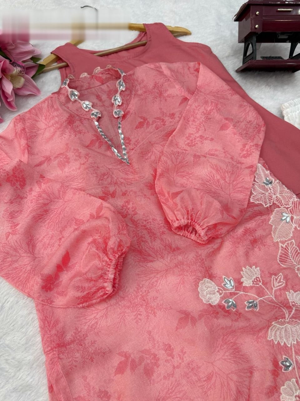 Classy Pink Organza Floral Kurta Suit With Mirror Work