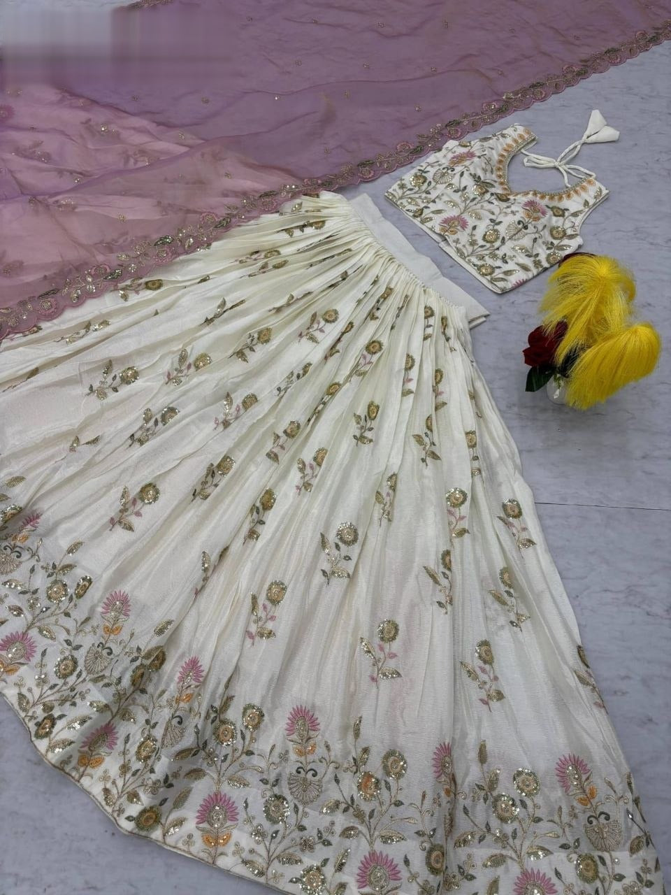 Elegant Off-White Lehenga With Floral Embroidery Work Along With Lavender Dupatta