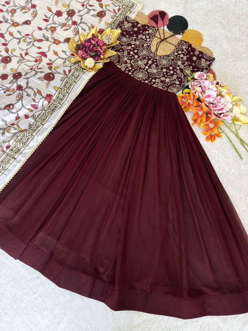 Soft Georgette Silk Embroidery Gown With Printed Lace Work On Dupatta