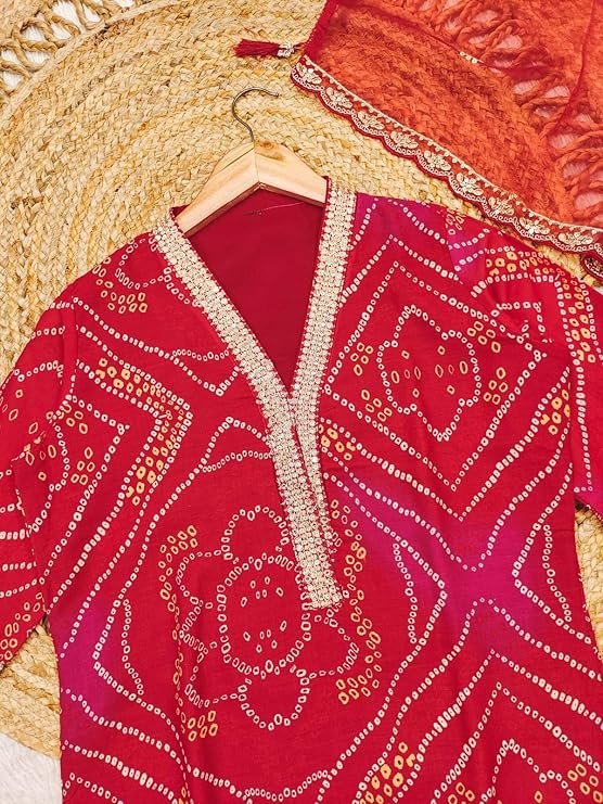 Classy Red Bandhani Cotton Suit Set With Embroidery Work