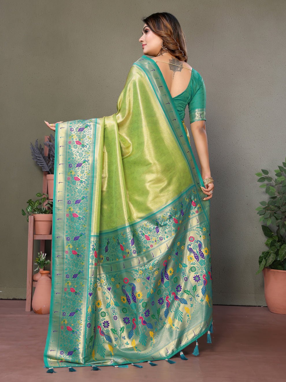 Lime Green Pure Banarasi Tissue Silk Saree