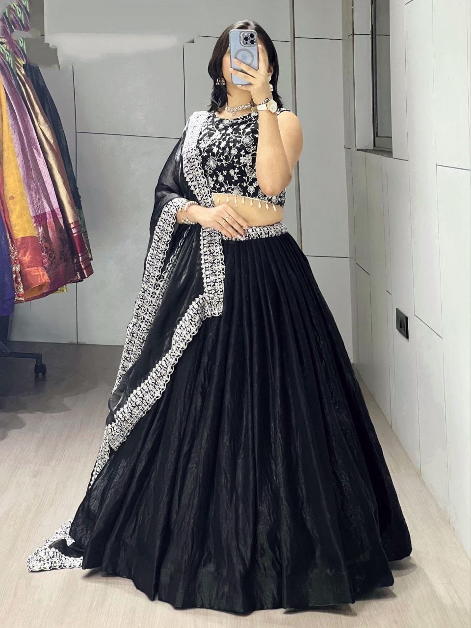 Stunning Black Fendi Satin Lehenga Choli With Embroidery Work