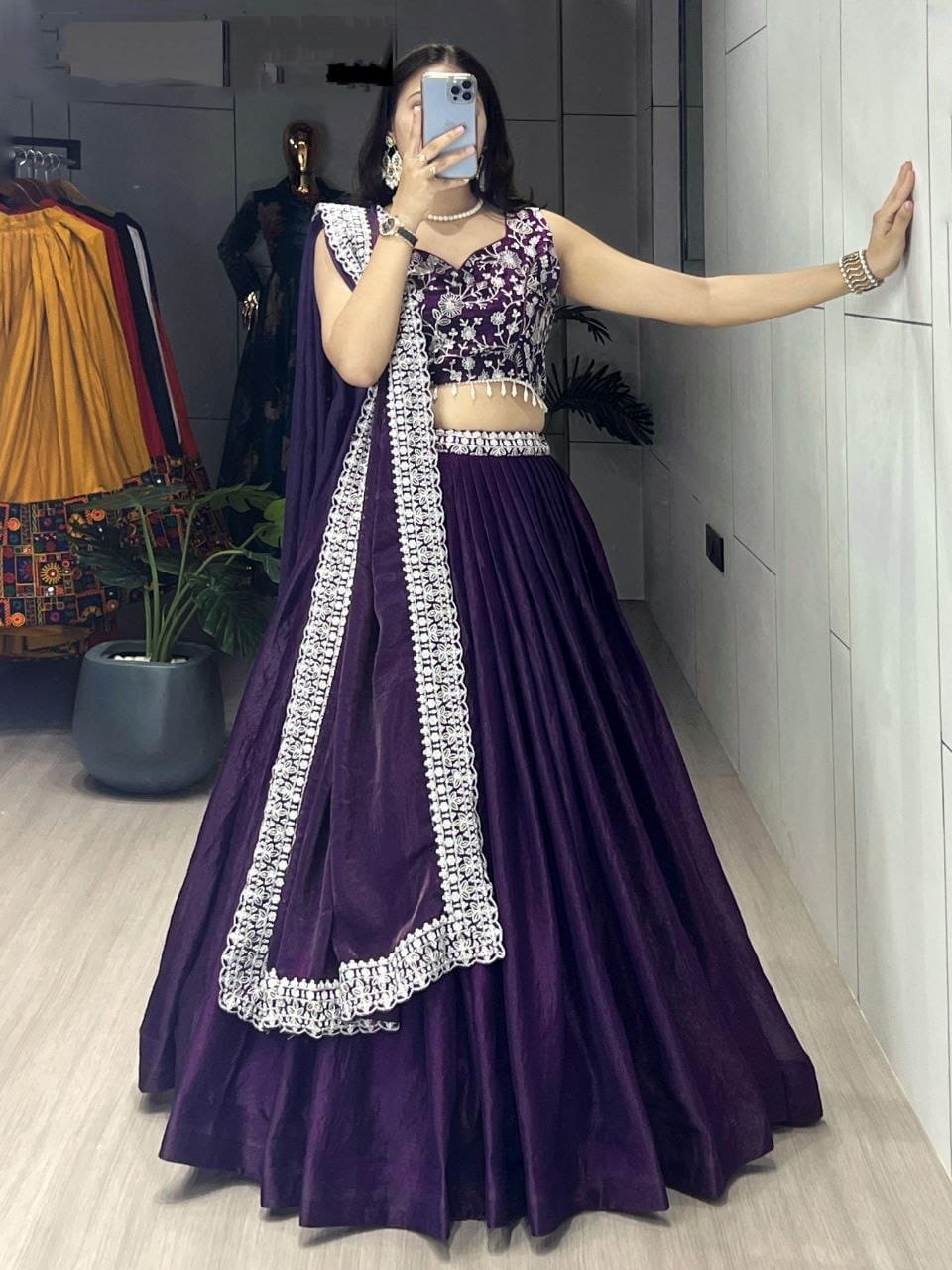 Fabulous Purple Fendi Satin Embroidered Lehenga Choli