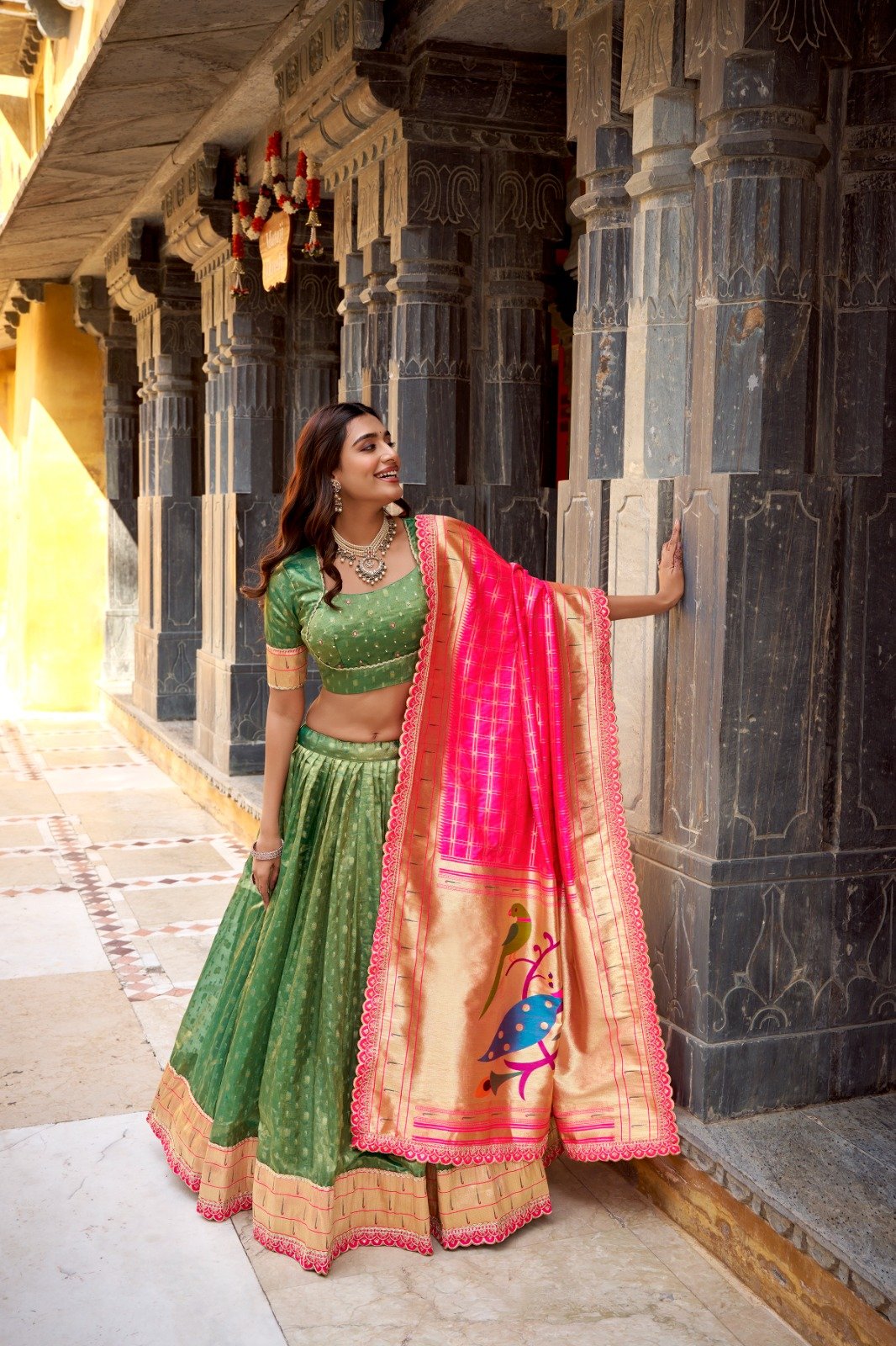 Green Shimmer Organza Lehenga Choli With Zari Weaving
