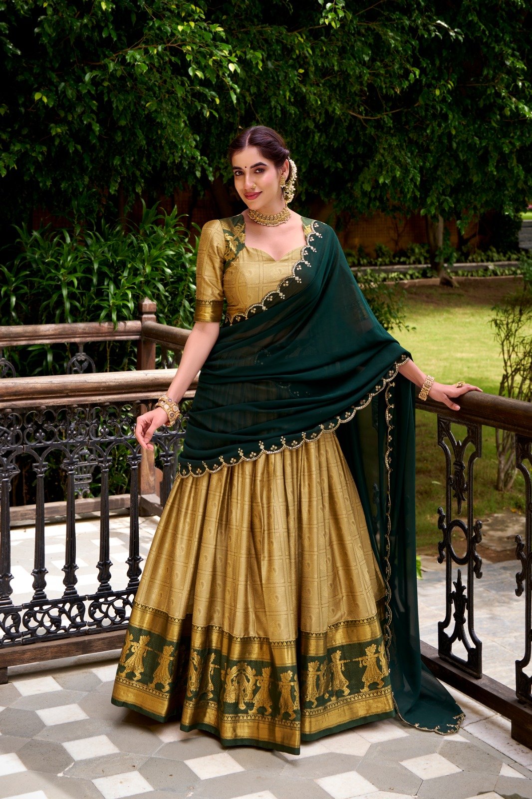 Cream Poly Cotton Lehenga Choli With Zari Weaving