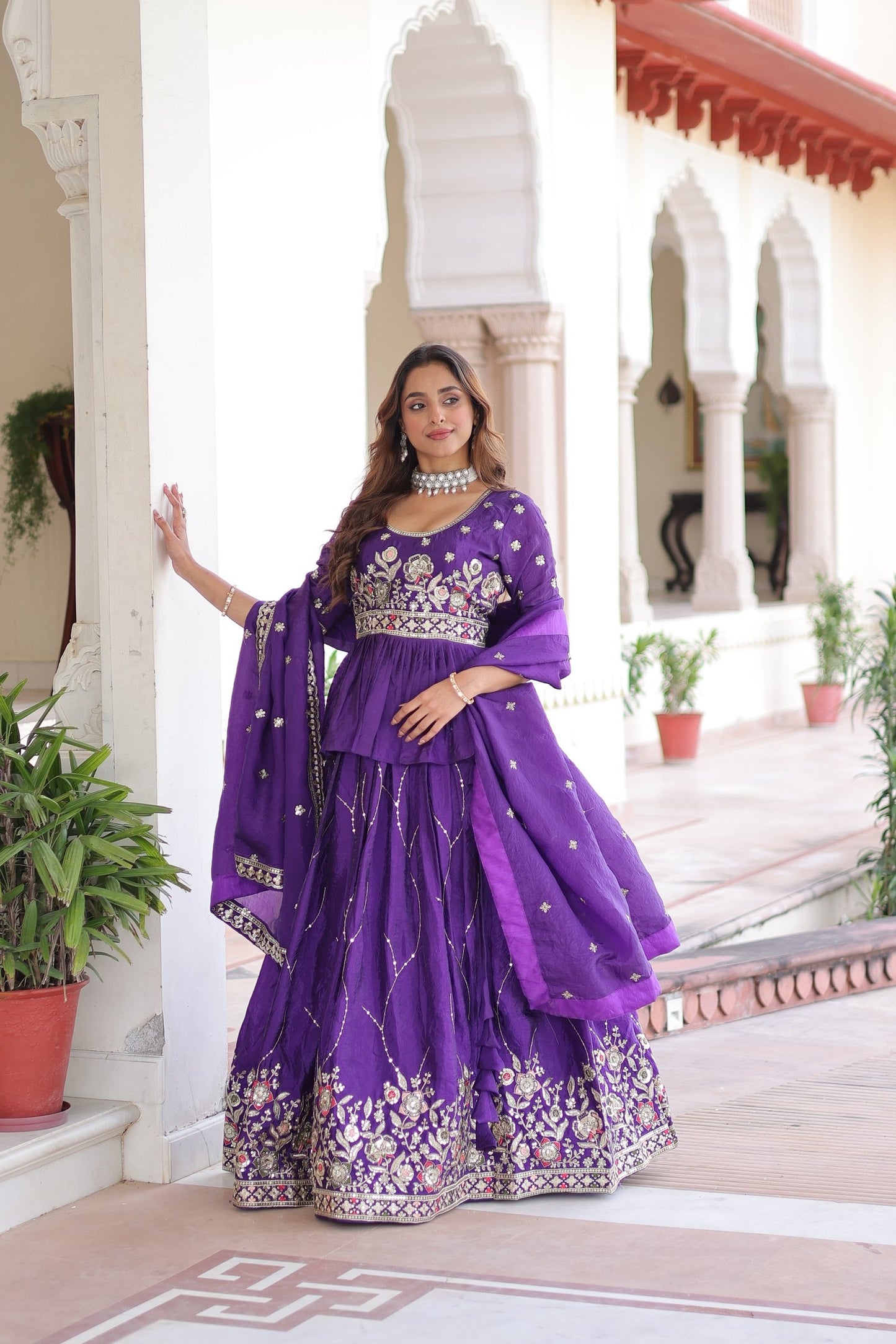 Purple Gold Crush Lehenga Choli With Multi Thread Embroidery
