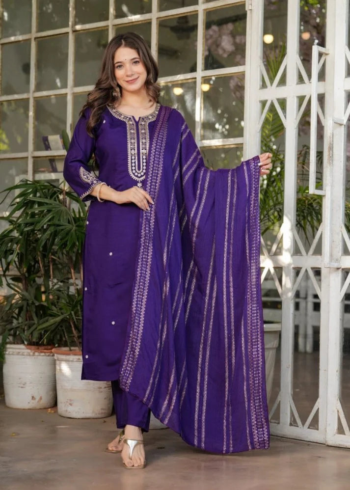 Dark Indigo Viscose Chanderi Kurti Suit With Sequins Work