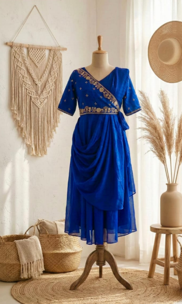Elegant Silk Pre-Draped Anarkali Gown With Thread Embroidery Work