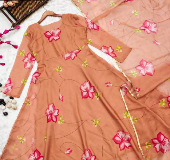 Orange Tabby Organza Anarkali Suit With Floral Printed Work