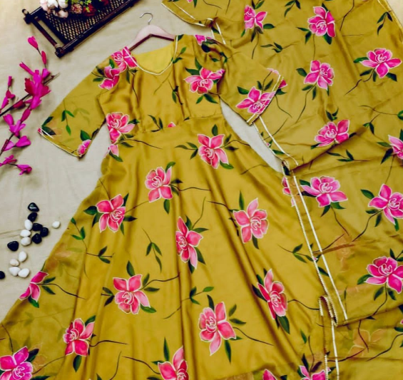Yellow Tabby Organza Anarkali Suit With Floral Printed Work