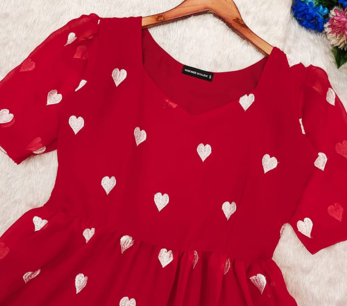 Sofy Red Georgette Frock With Puffy Sleeves