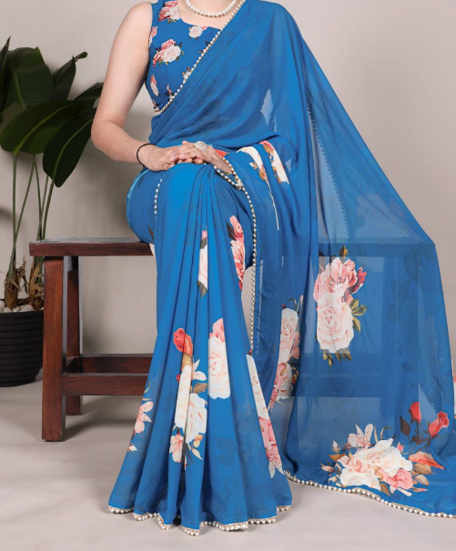 Trendy Georgette Floral Printed Saree With Pearl Lace Border