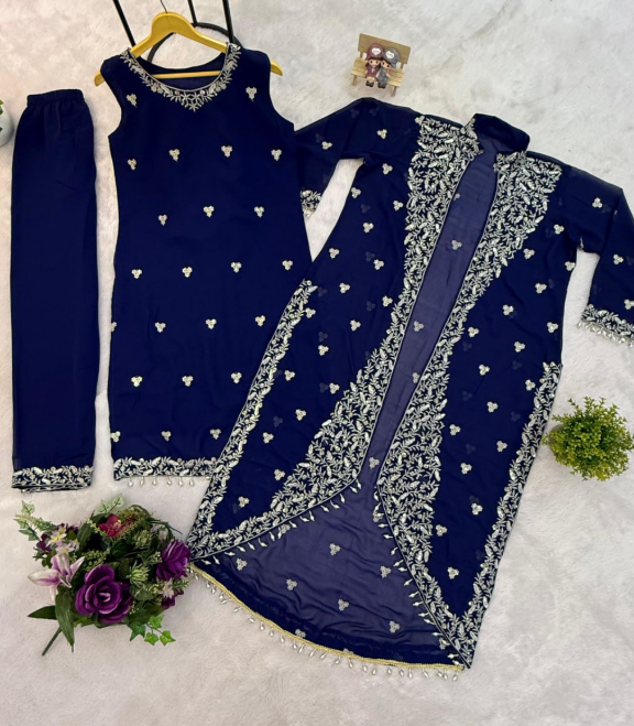 Stunning Navy Blue Kurti Set With White Embroidery Work