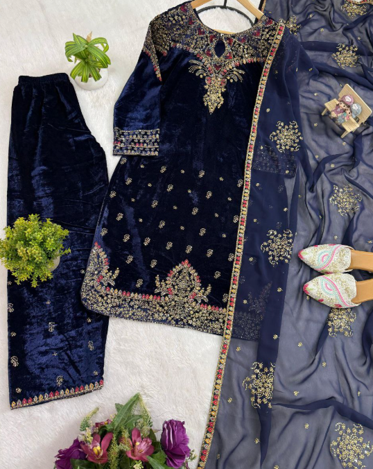 Navy Blue Velvet Kurti Set With Georgette Dupatta