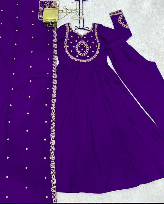 Purple Roman Silk Churidar With Fancy Work On Dupatta