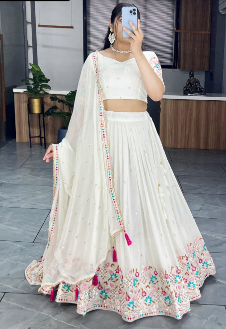 Fabulous White Faux Georgette Embroidered Lehenga Choli