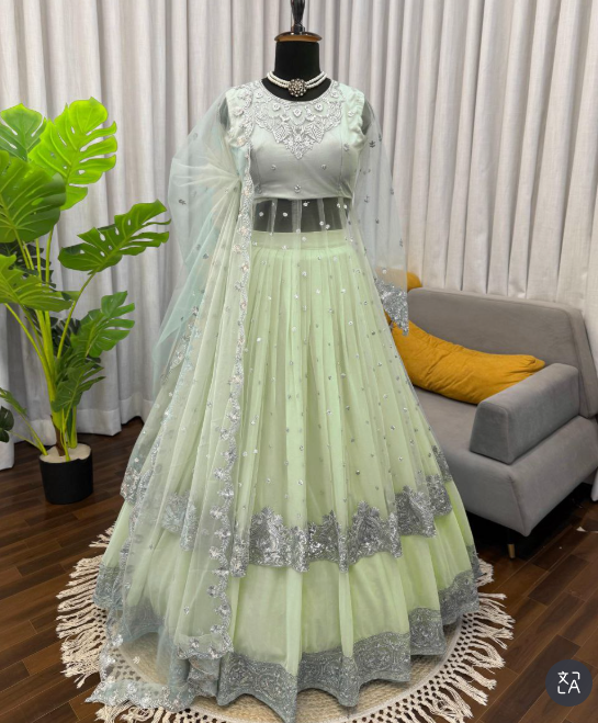 Premium Georgette Embroidered Gown with Coordinated Lehenga and Dupatta