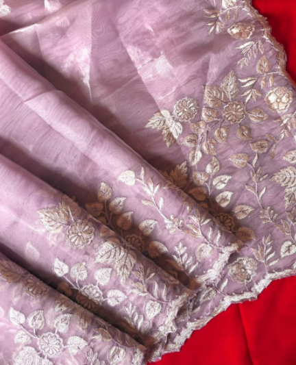 Pure Chanda Silk Saree With Flower Embroidery Work