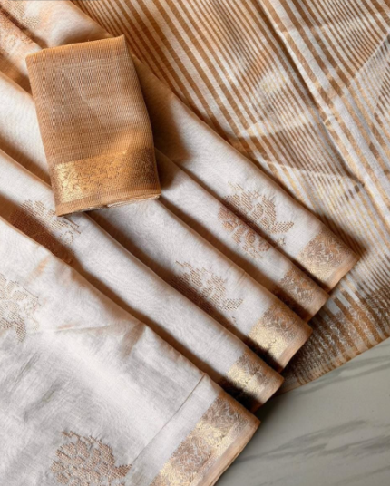 Latest Cream Tussar Silk Saree With Embroidery Work