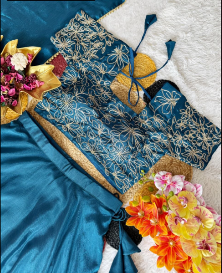 Teal Green Chinon Silk Embroidered Lehenga Choli
