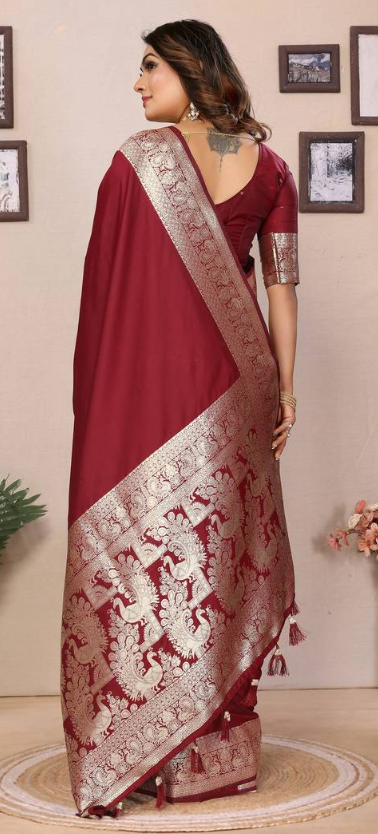 Trendy Maroon Banarasi Silk Saree With Exclusive Work