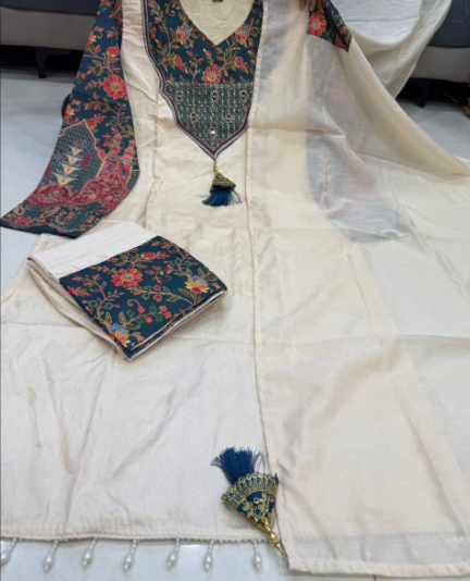 Cream Banarasi Silk Suit Set With Embroidery Work