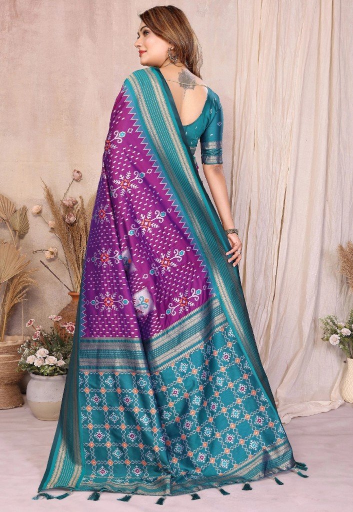 Teal Blue Soft Silk Ikkat Weaving Saree With Rich Border
