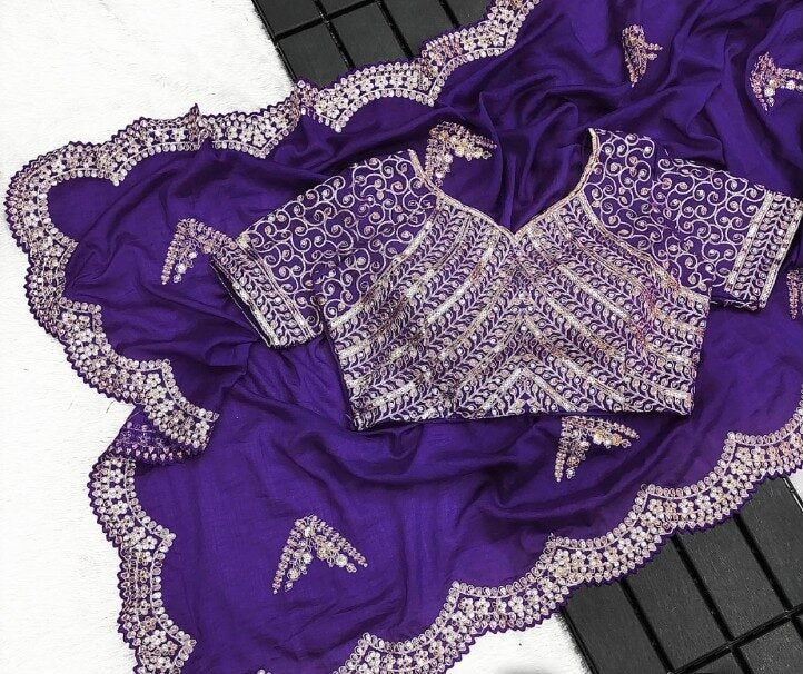 Gorgeous Purple Silk Saree With Embroidered Work On Blouse