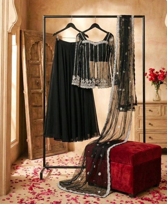 Black Silk Satin Lehenga Choli With Embroidery Work