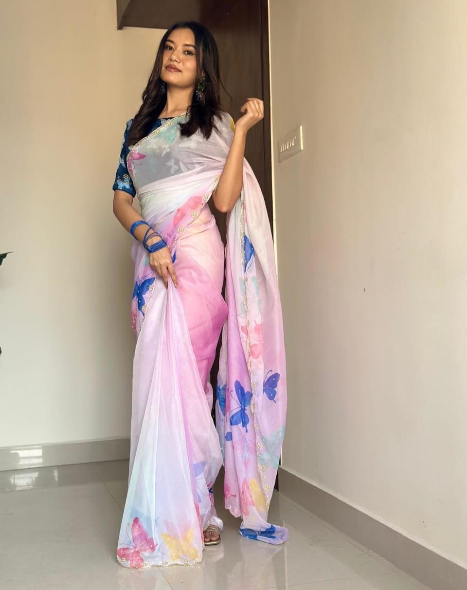 Gorgeous Butterfly Printed Tabby Organza Silk Saree With Handwork