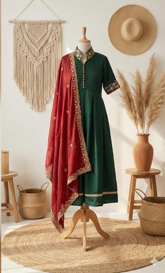Stunning Emerald Green Anarkali Set With Embroidery Dupatta