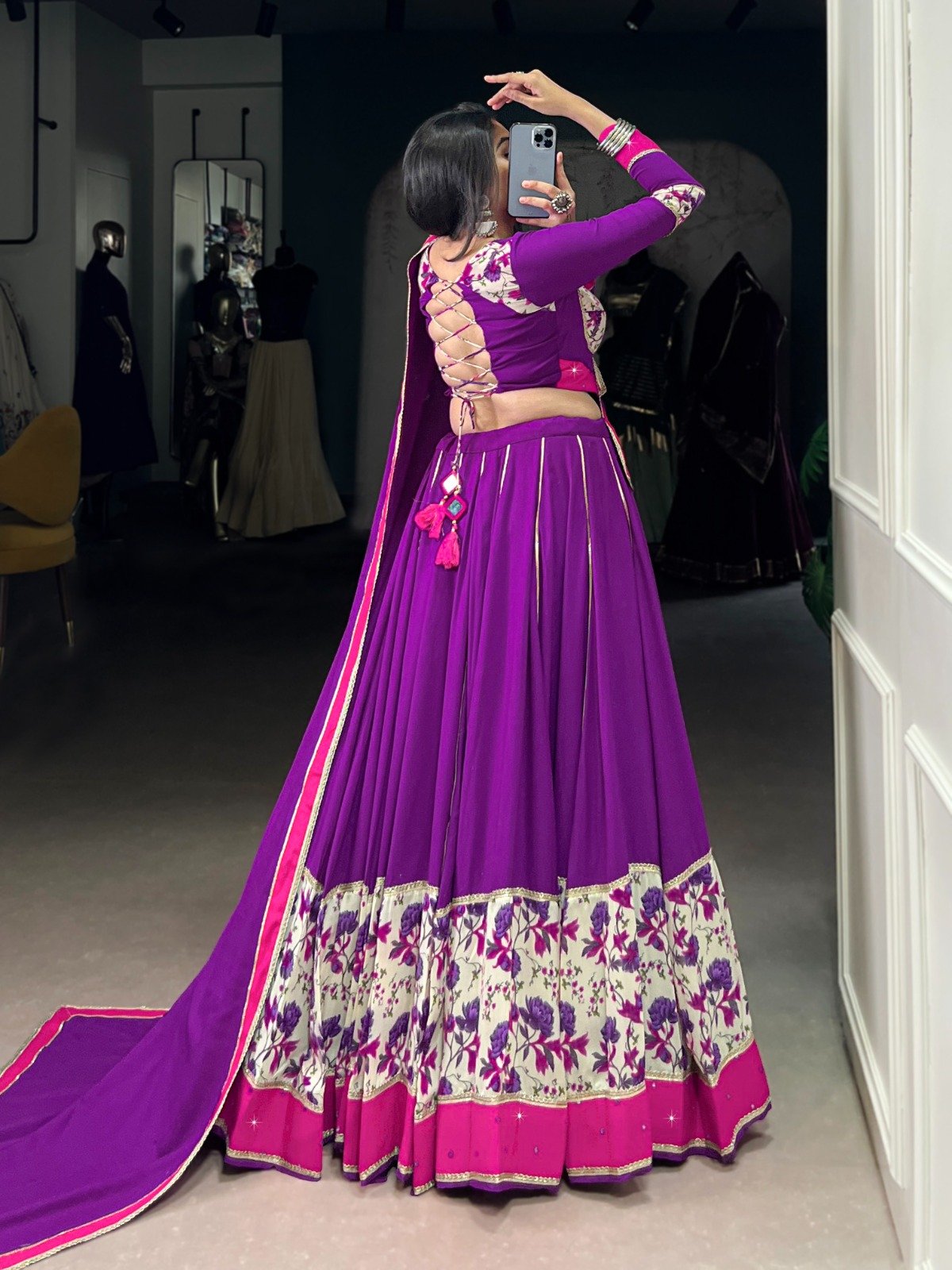 Purple Rayon Lehenga Choli With Mirror Hand Work