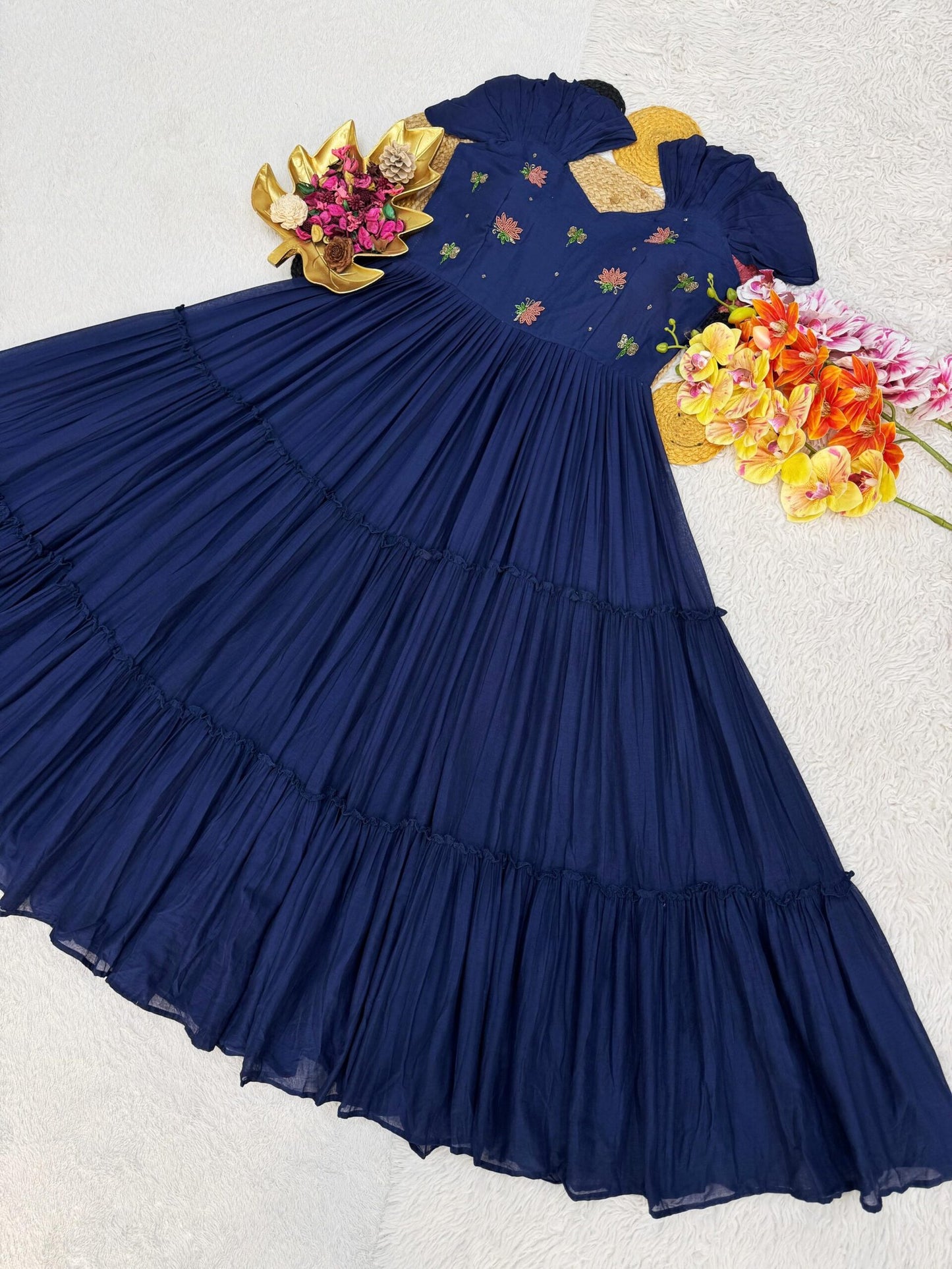 Navy Blue Mull-Mull Cotton Gown With Maggam Work