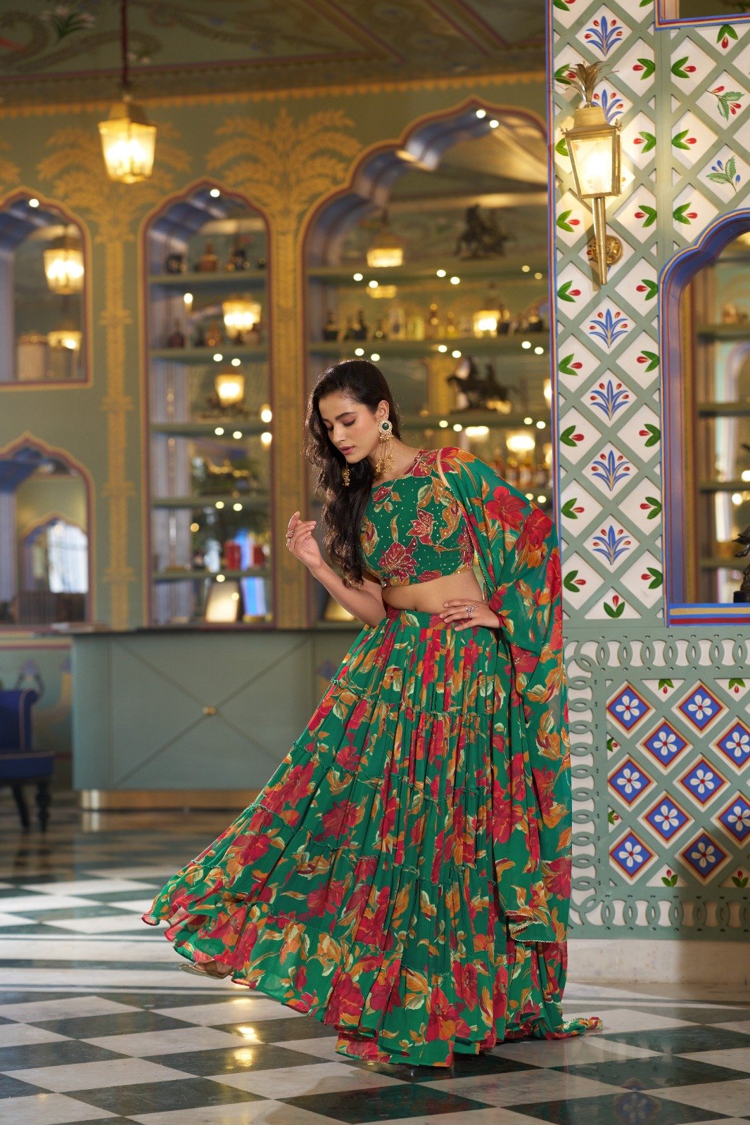 Green Marble Lehenga Choli With Floral Print