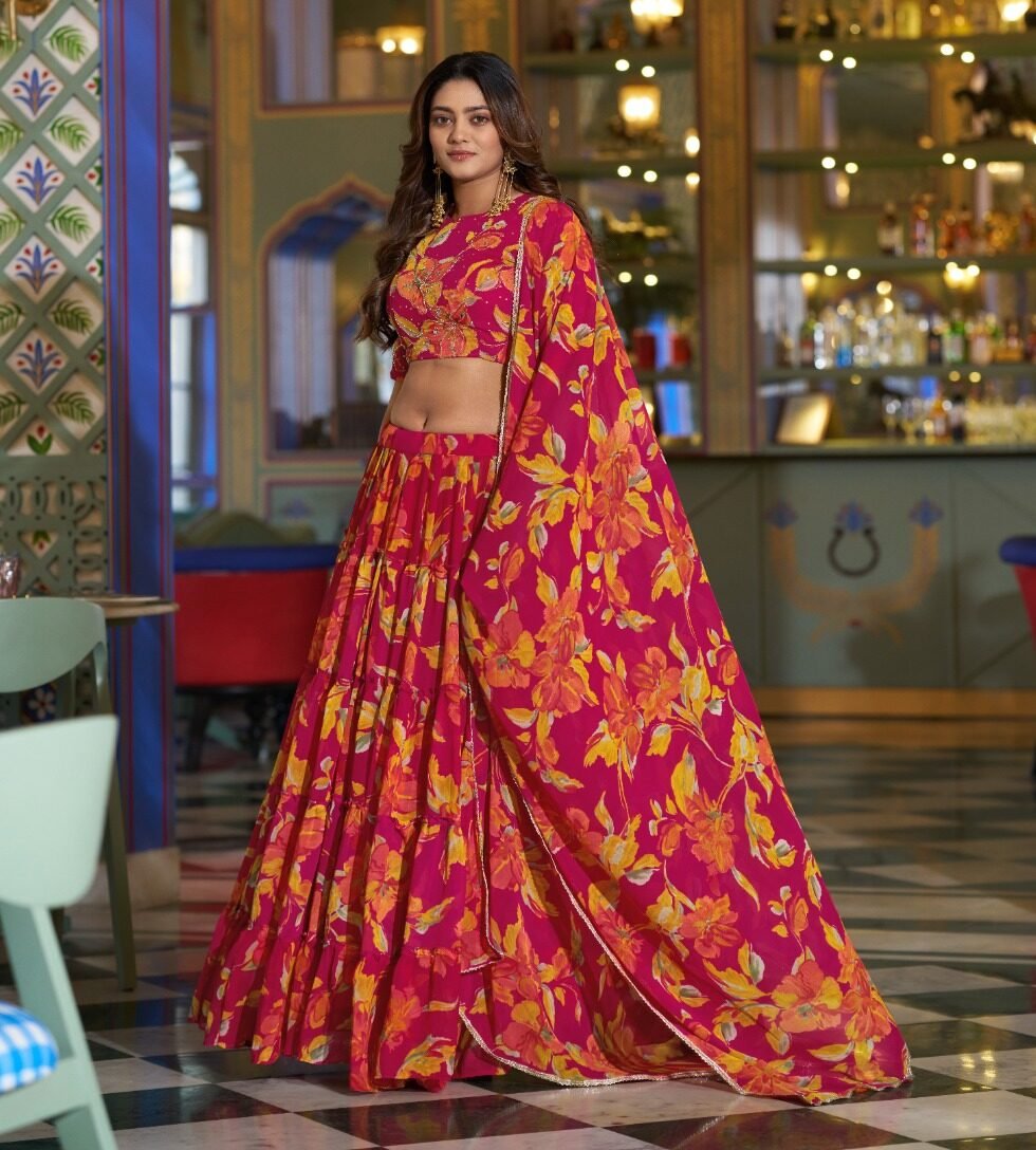 Pink Marble Lehenga Choli With Floral Print