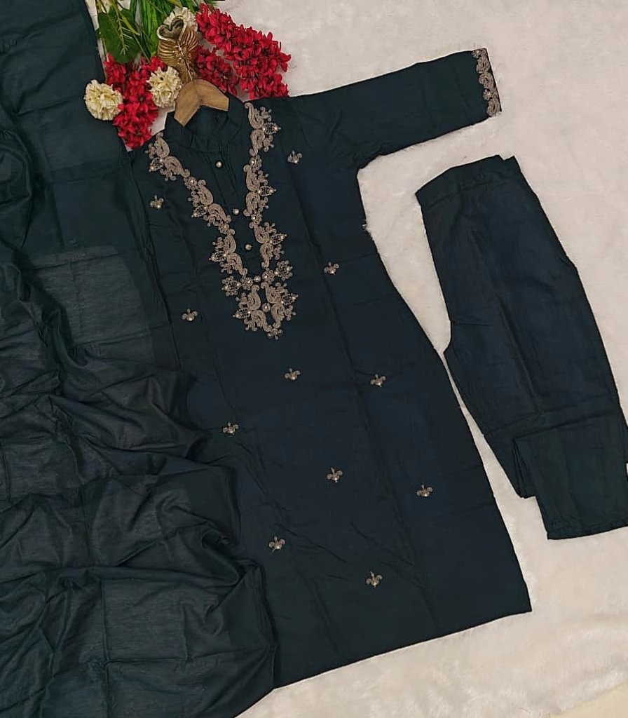 Black Rayon Slub Kurti Suit Set With Embroidery Work